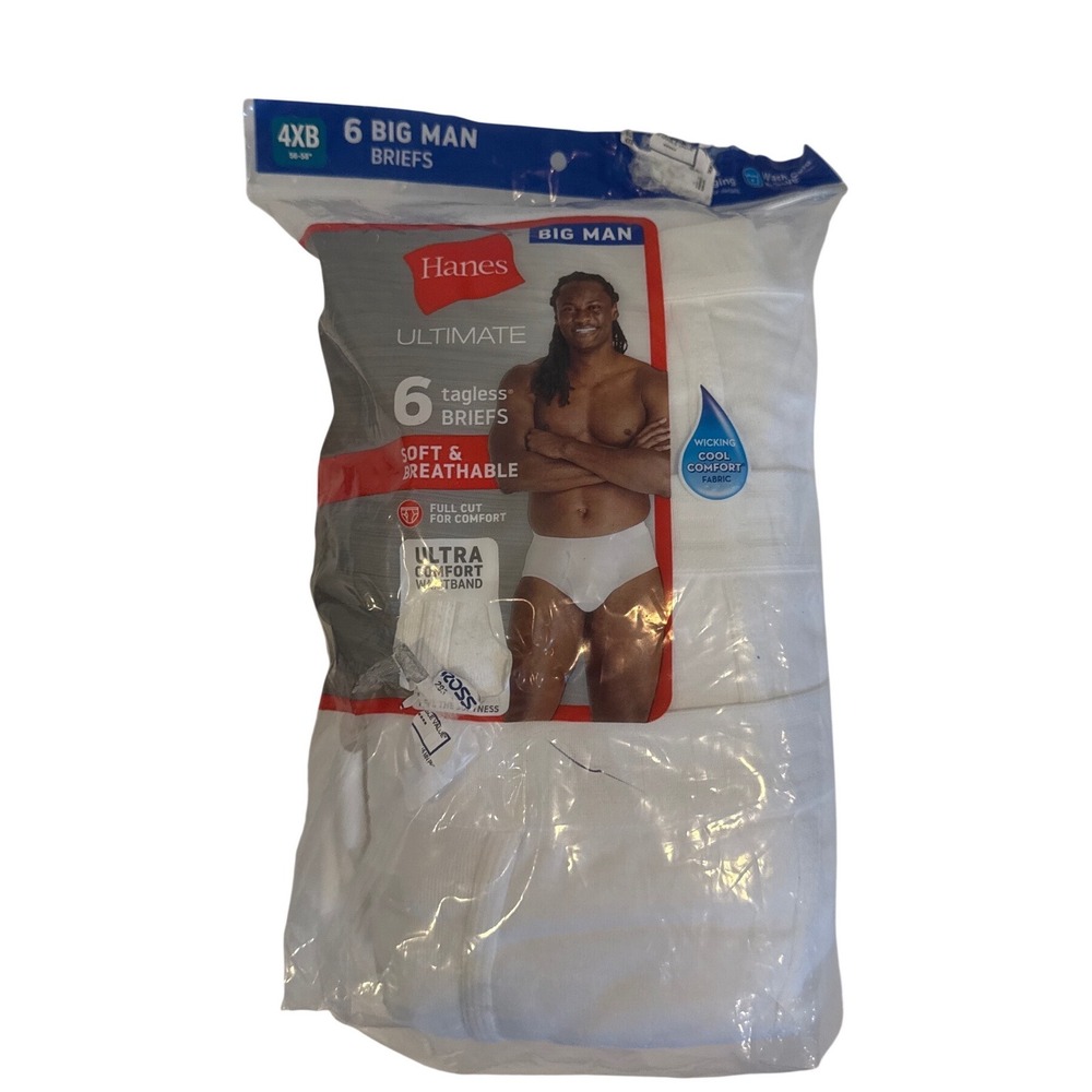 Hanes Ultimate Big Mans Brief 6 PK White Tagless 100% Cotton 4XB 56-58 Waist NEW